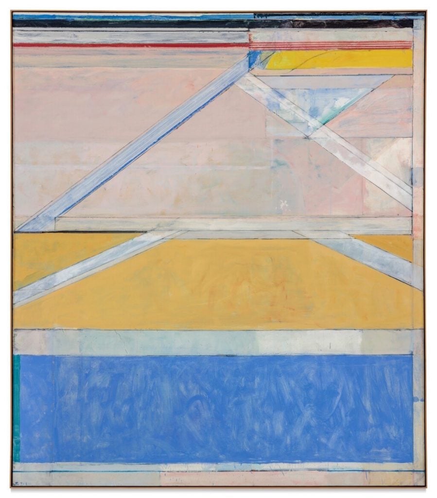 an image of an abstract painting with a blue square below yellow triangles and white strips