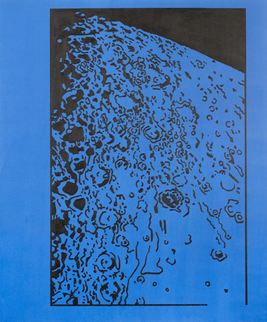 a blue background with a black outline of the moon printed on top
