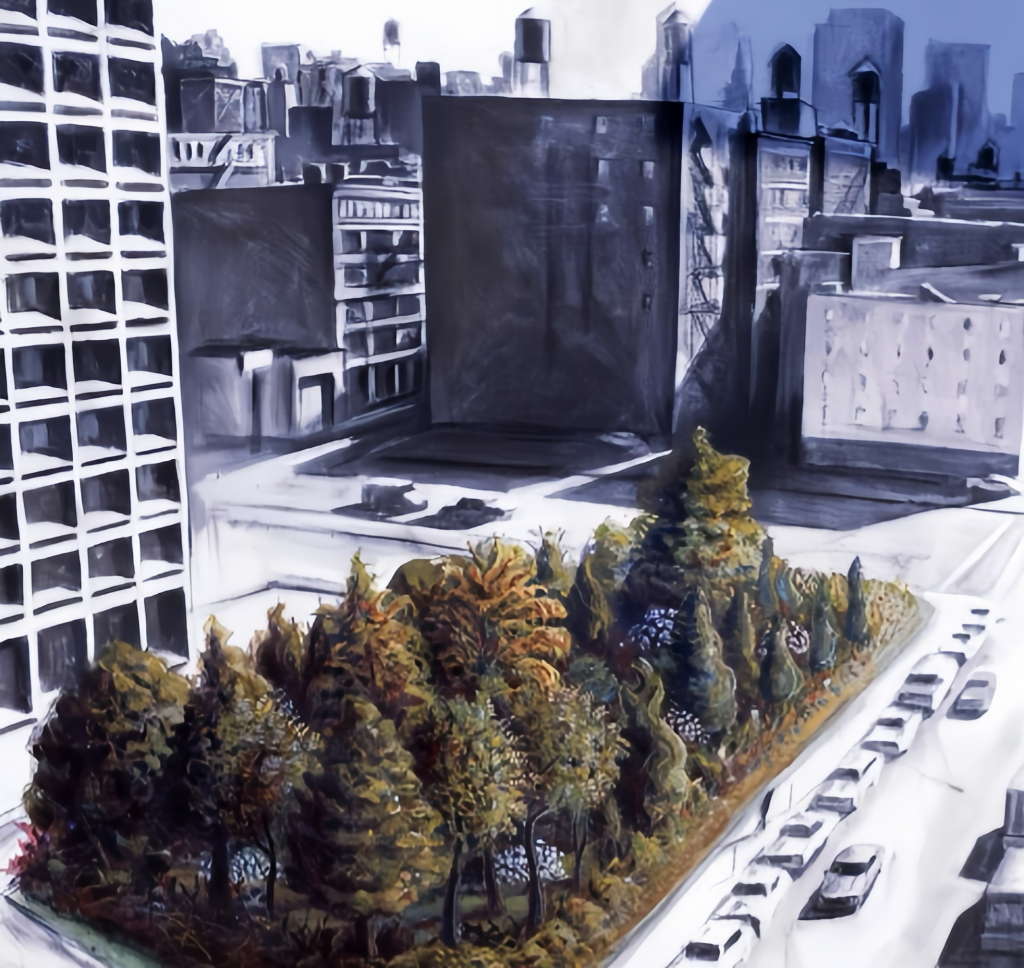 The plan Sonfist created in 1965 for the first <em>Time Landscape</em>, in a corner of New York's Greenwich Village. Courtesy of Alan Sonfist Studio.