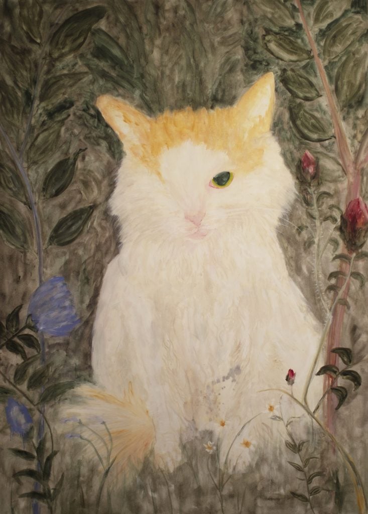 a painting of a white and orange cat with one eye
