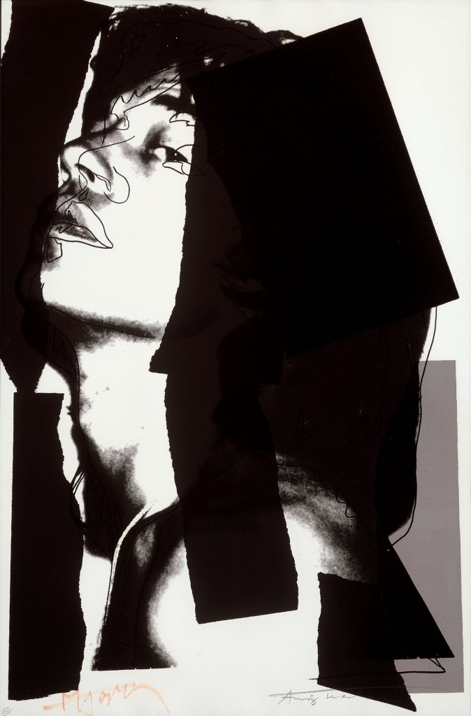 Black and white screen print by Andy Warhol in the Cowley Abbott sale of Mick Jagger with pen drawing over his face and swaths of black.