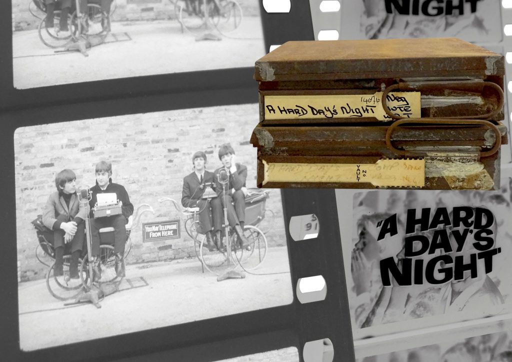Film frames and canisters holding preview reels for the Beatles movie A Hard Day's Night