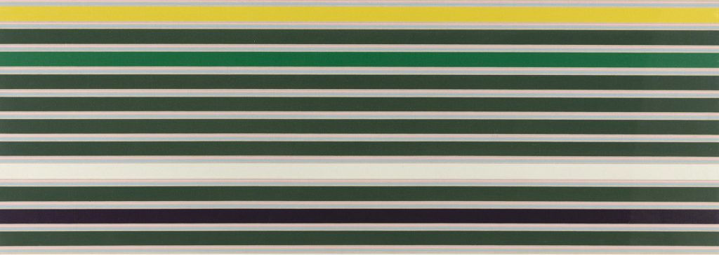 A Kenneth Noland stripes composition, with the top band in yellow, third in green, and the rest in grays and black.
