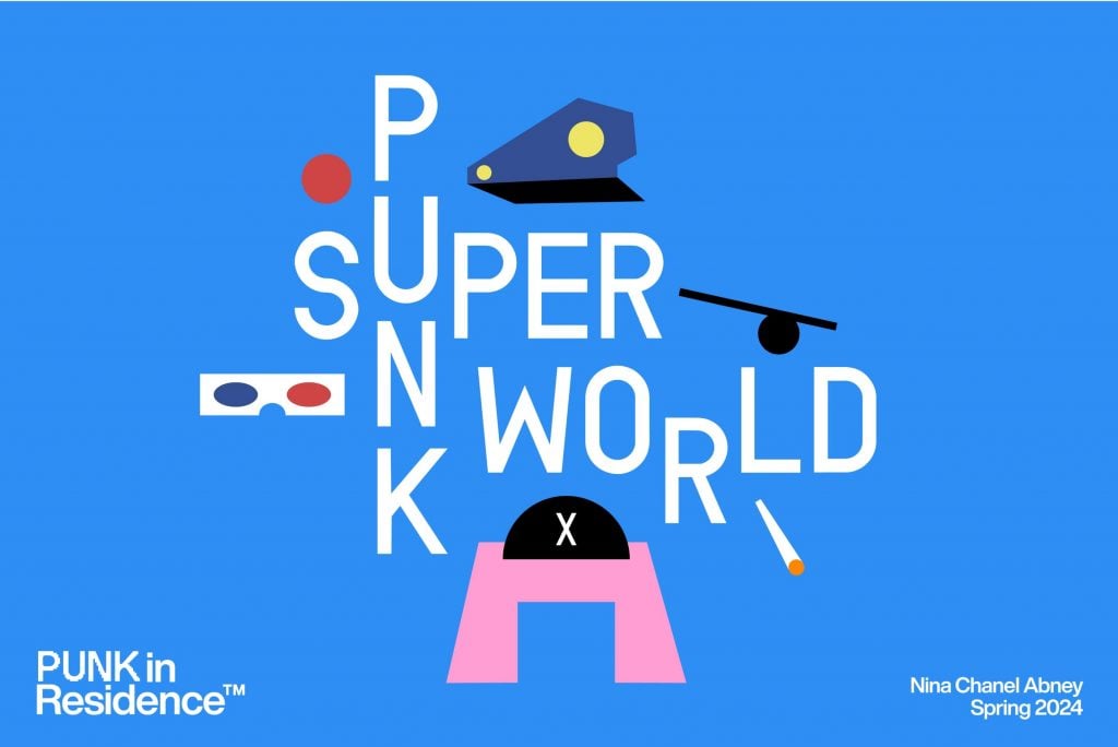 A graphic with a blue background, the words "Super Punk World," and random cartoon objects including 3D glasses, a police hat, and a pink wig.