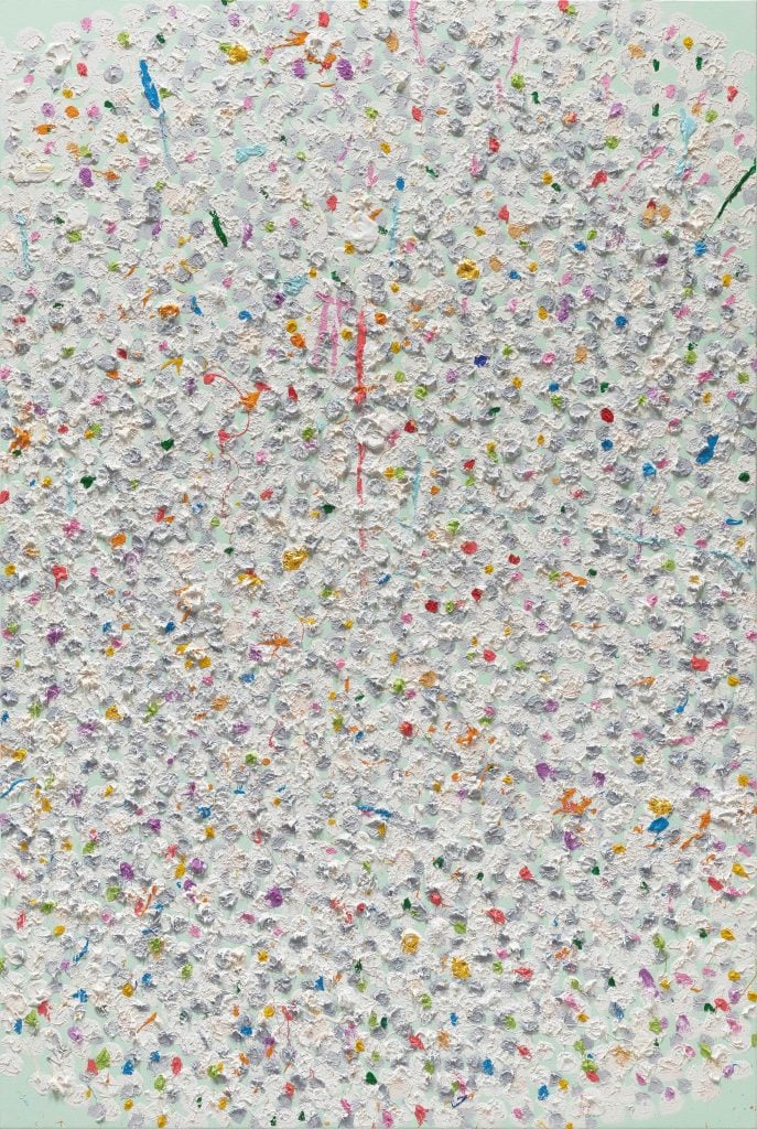 Artnet Auctions top pick of an abstract painting in predominantly white with built up paint and dots of pale colored hues.