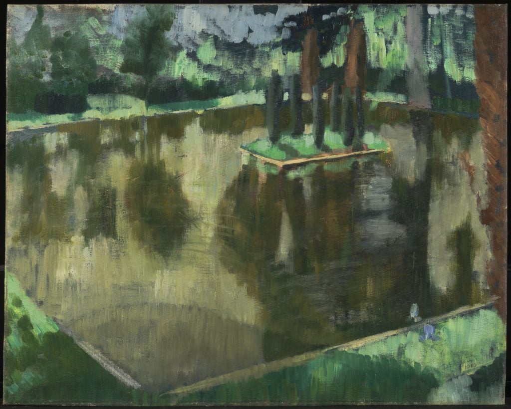 painting of a pond in hues of greens