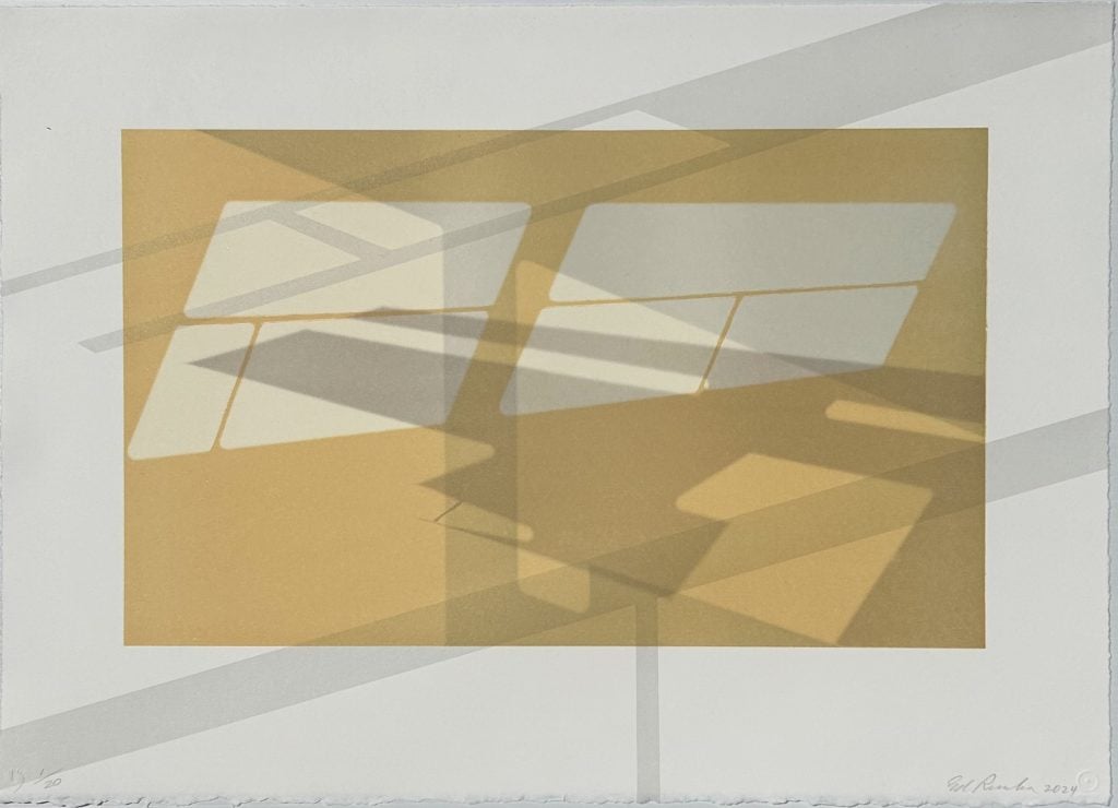 An artwork featuring a planes of white and gold, interspersed with shadowed forms