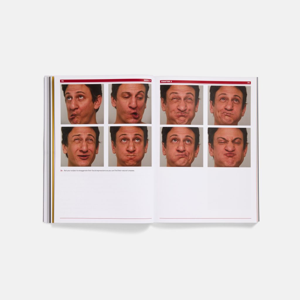 A book opened to a page showing eight images of a man pulling various facial expressions.