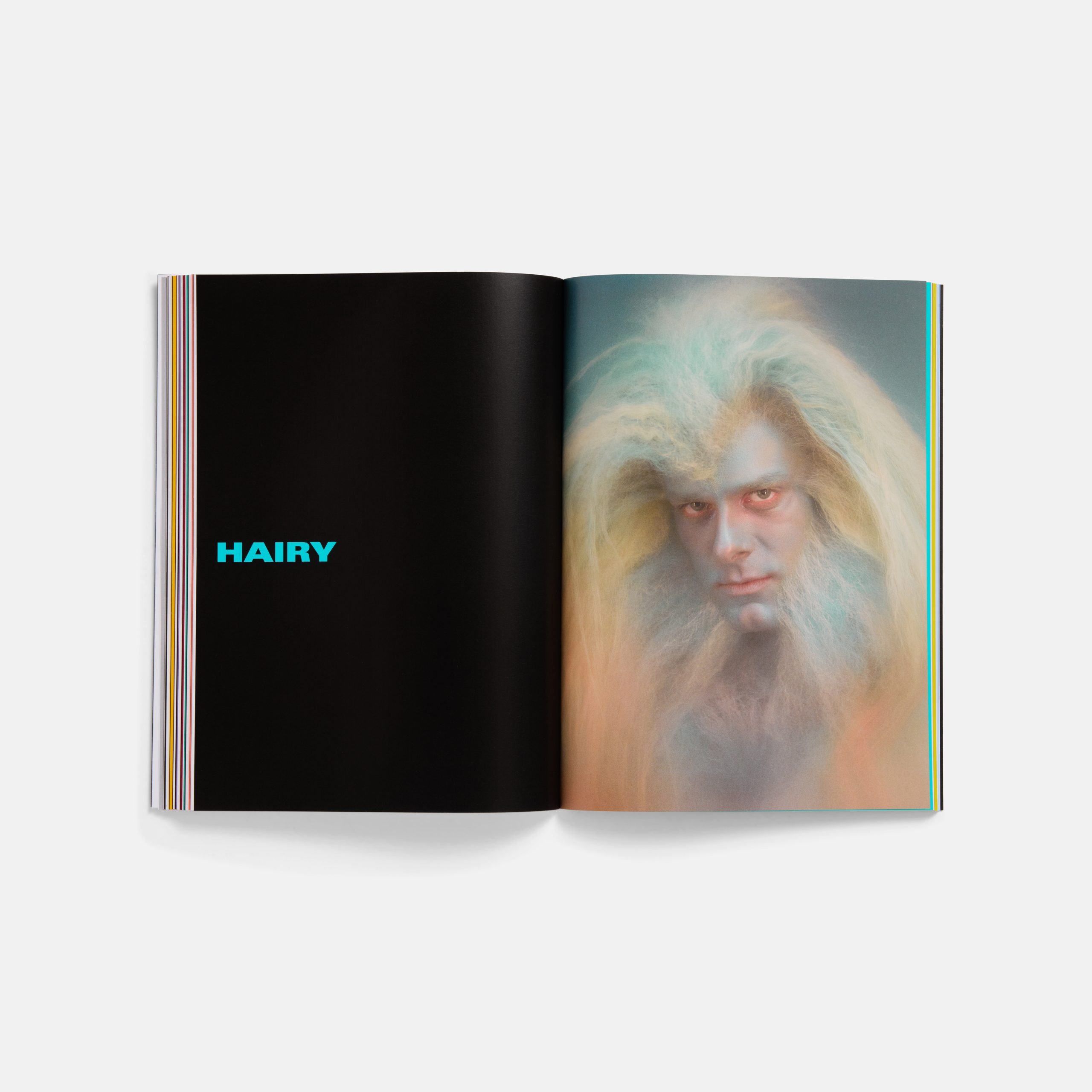 A book opened to a page that reads "Hairy" on the left and a portrait of a man with long white hair on his head and chin