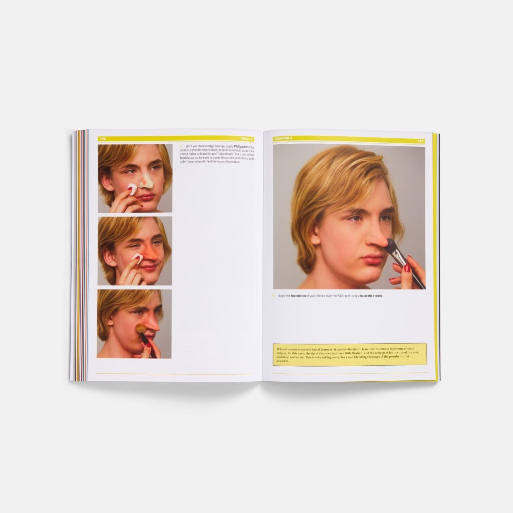 A book opened to a page showing four process images of a man getting a prosthetic nose applied to his face