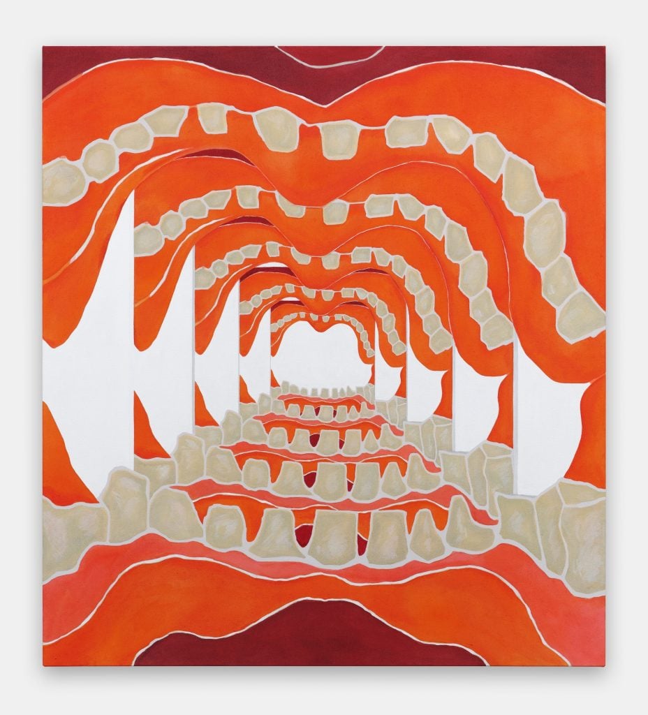 A surreal painting of the inside of a human mouth.