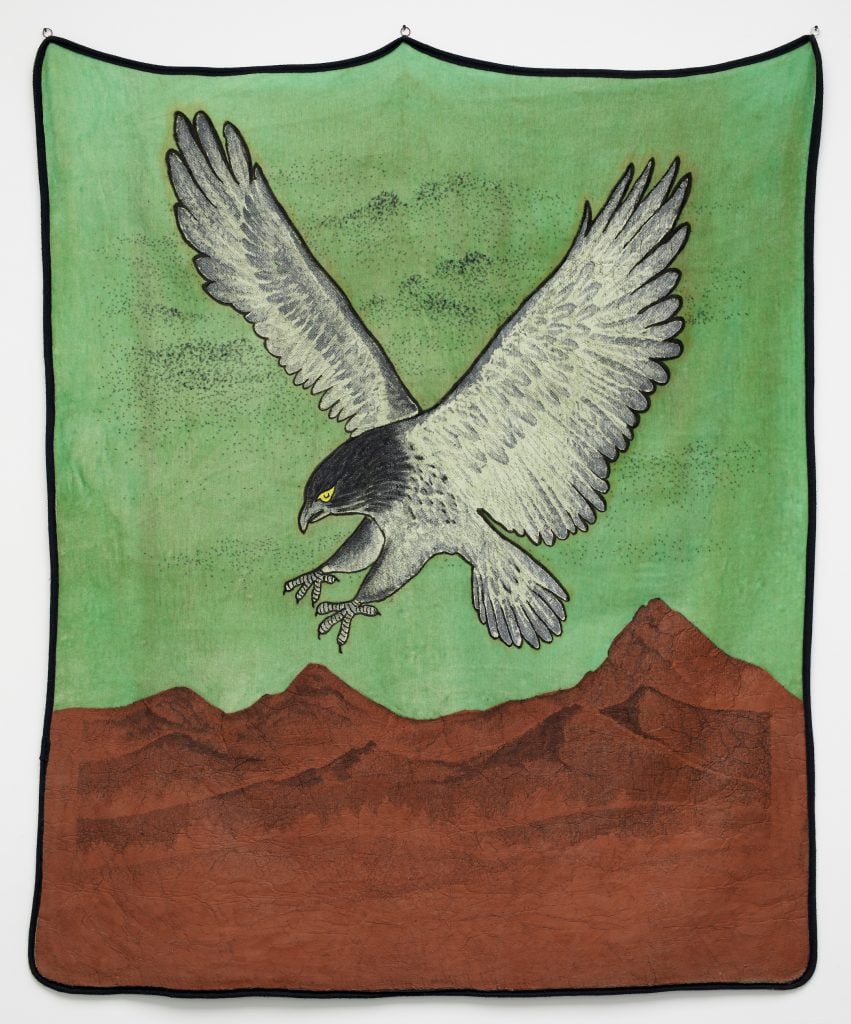 A work of art showing a bird of prey over a landscape.