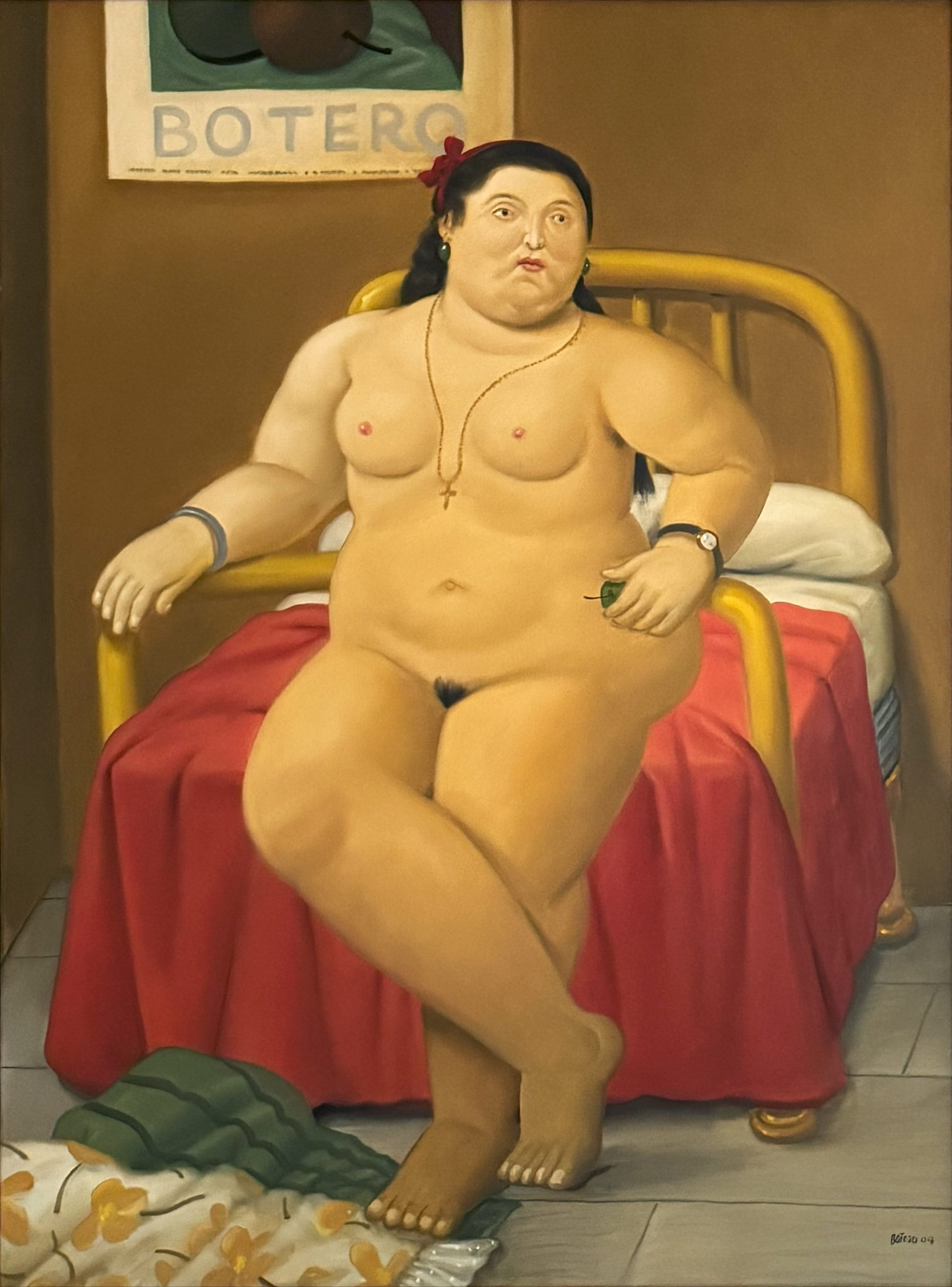 Artnet Auctions top pick work by Fernando Botero showing a voluptuous nude seated at the end of a brass bed with a red duvet and the bottom half of a poster with the name 'Botero' showing along the bottom.