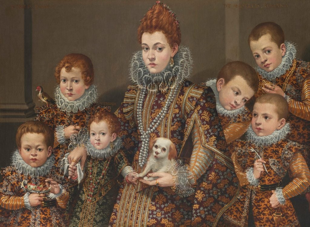 An image of a Mannerist portrait depicting an ornately dressed woman holding a dog surrounded by six children against a dark background