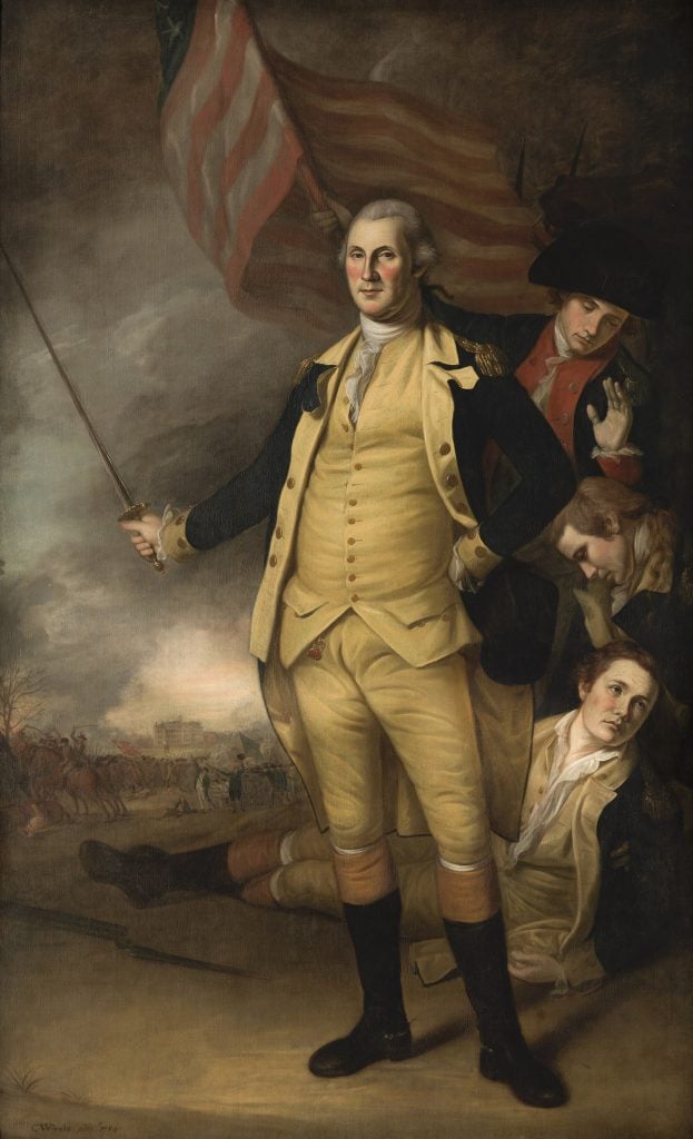 A portrait of George Washington standing confidently, holding a sword, an American flag in the background.