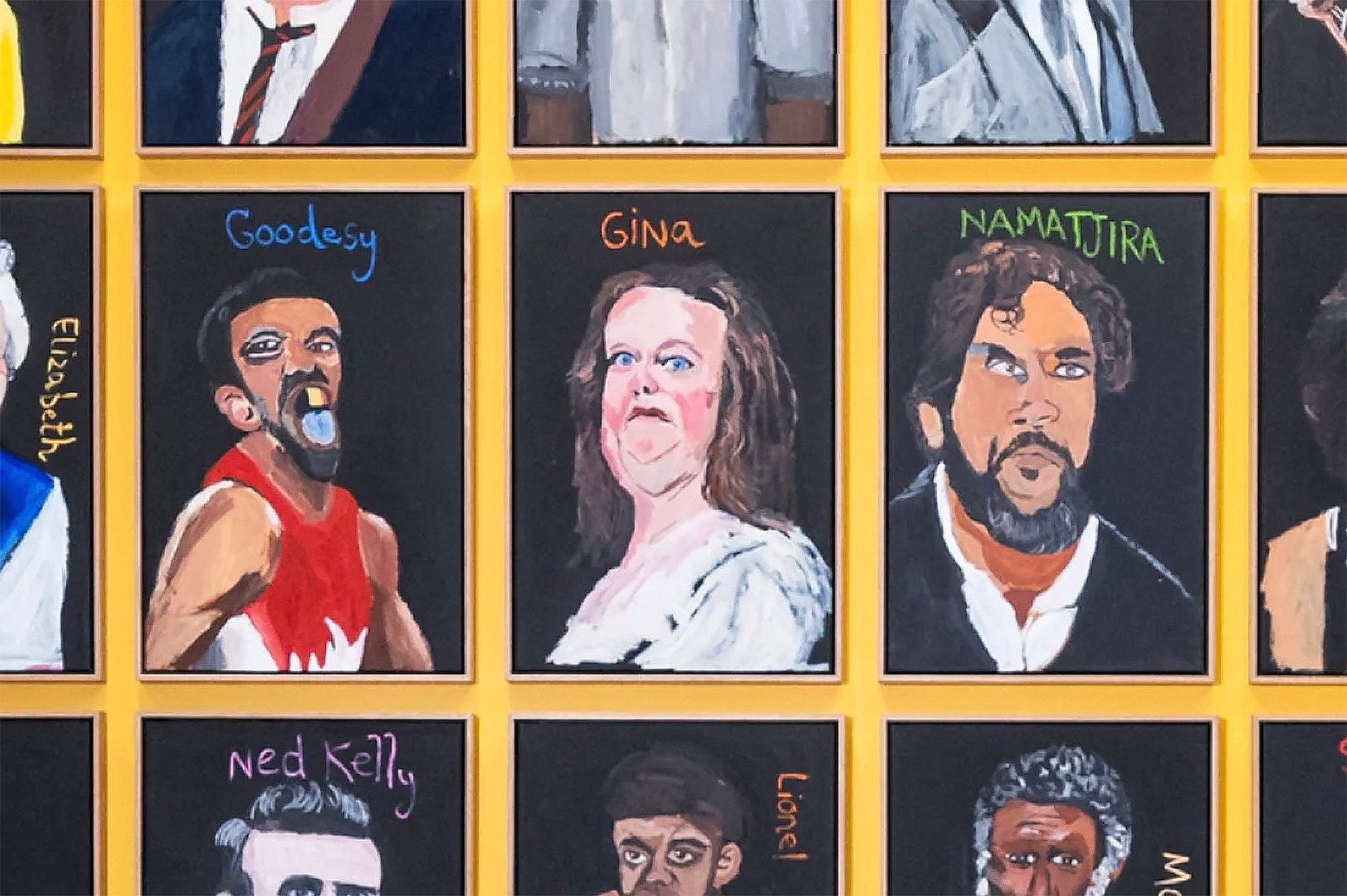 A group of portraits hanging on the wall. At center is one of a frowning woman under the word "Gina"