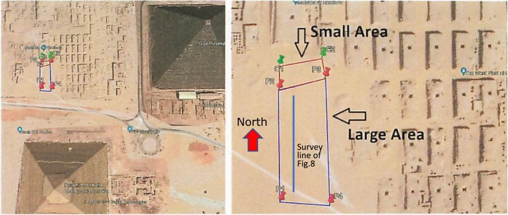 an aerial view map of the giza pyramids and the surrounding area featuring annotations from archaeologists
