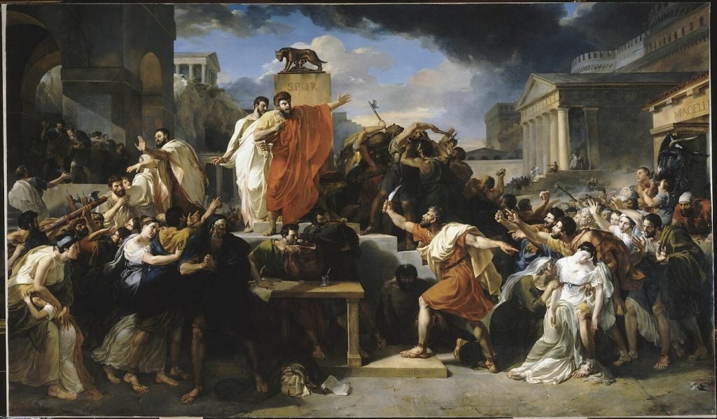 A classical painting of a crowded and dramatic scene
