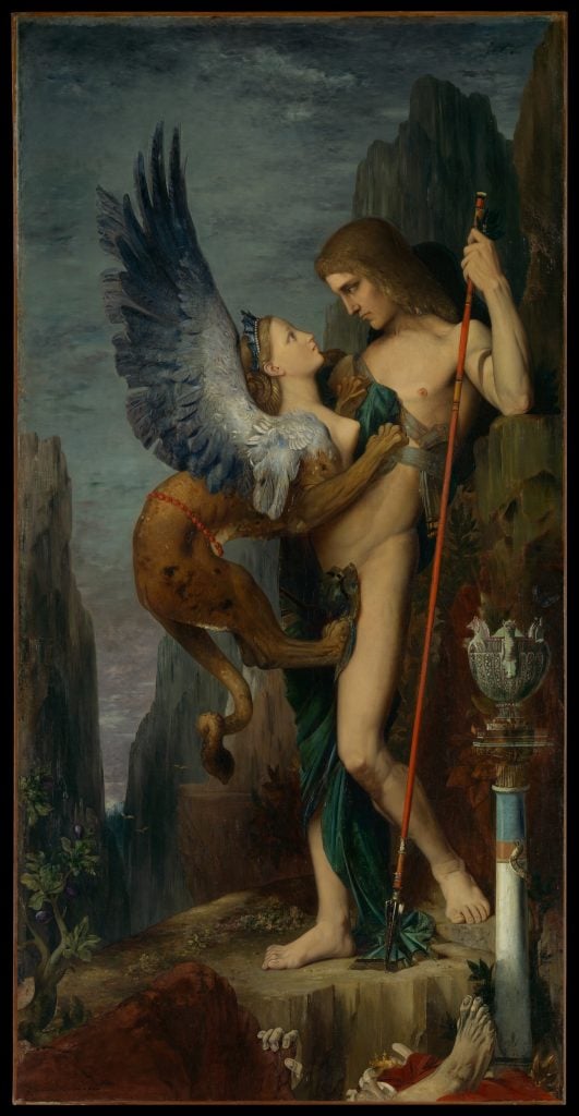 A painting of a man and a beast that is a hybrid human, eagle and lion