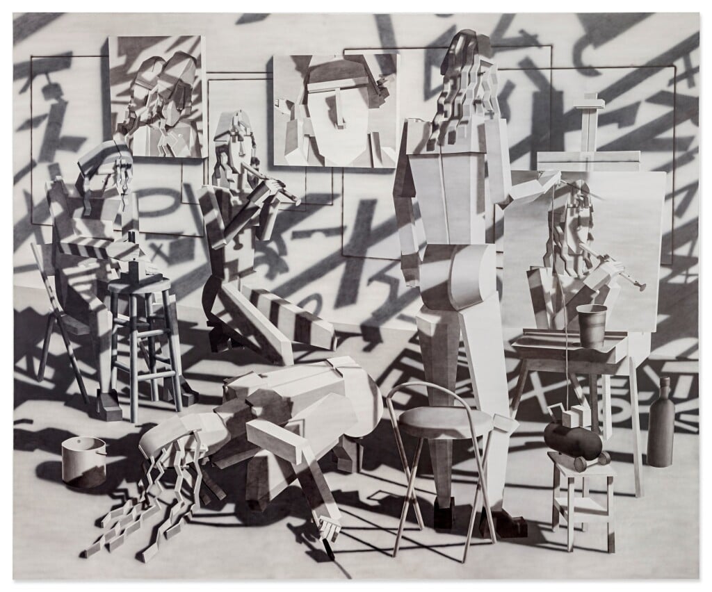 A photo of a painting shows black-and-white digital figures engaged in a kind of concert.