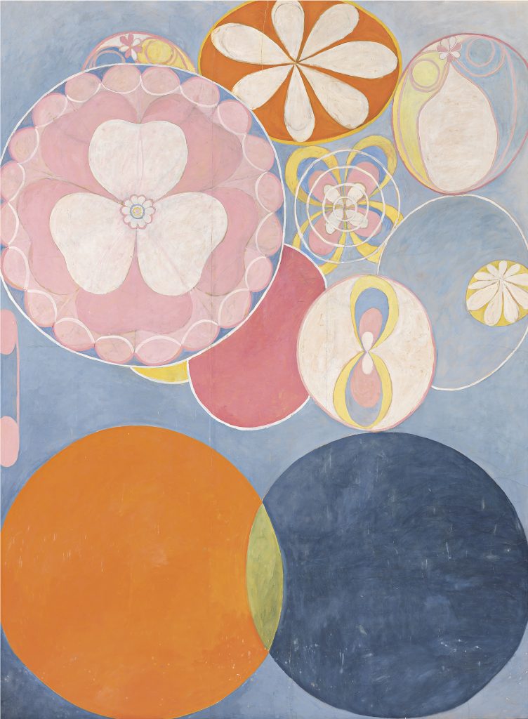 An abstract painting of pastel-colored circles and petal-looking forms