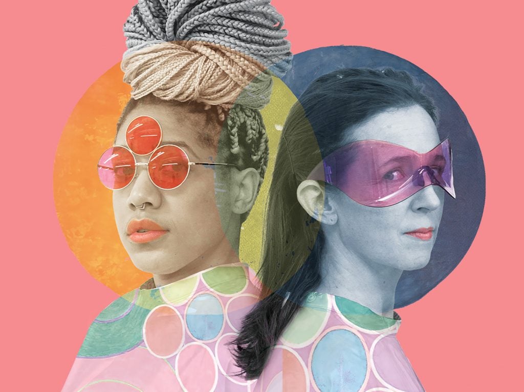 A graphic for the contemporary opera HILMA showing two women wearing colored sunglasses, juxtaposed against colored circles