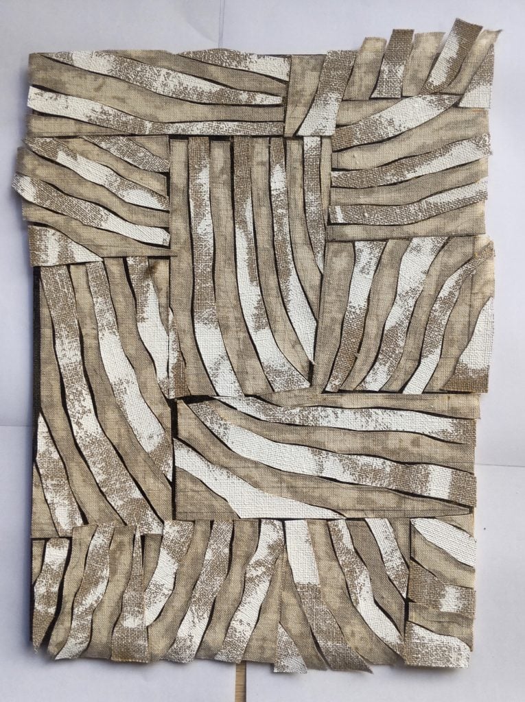 Bleach painting by Hiromitsu Kuroo in beiges and creams with lines that overlap within rectangles that have been folded into the linen canvas.