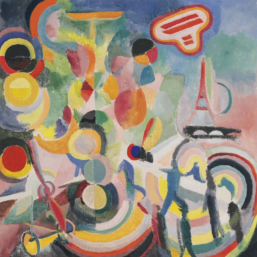 abstract painting by Robert Delaunay showing pastel-colored geometric circles against an abstract landscape featuring the Eiffel tower, human figures, and a bi-plane