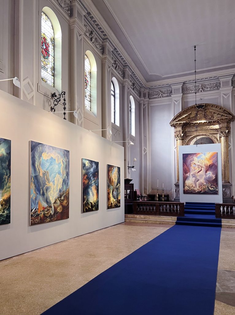 Installation view inside an anglican church looking down towards the alter, the aisle is line with Maria Kreyn's paintings. Produced by Ministry of Nomads.