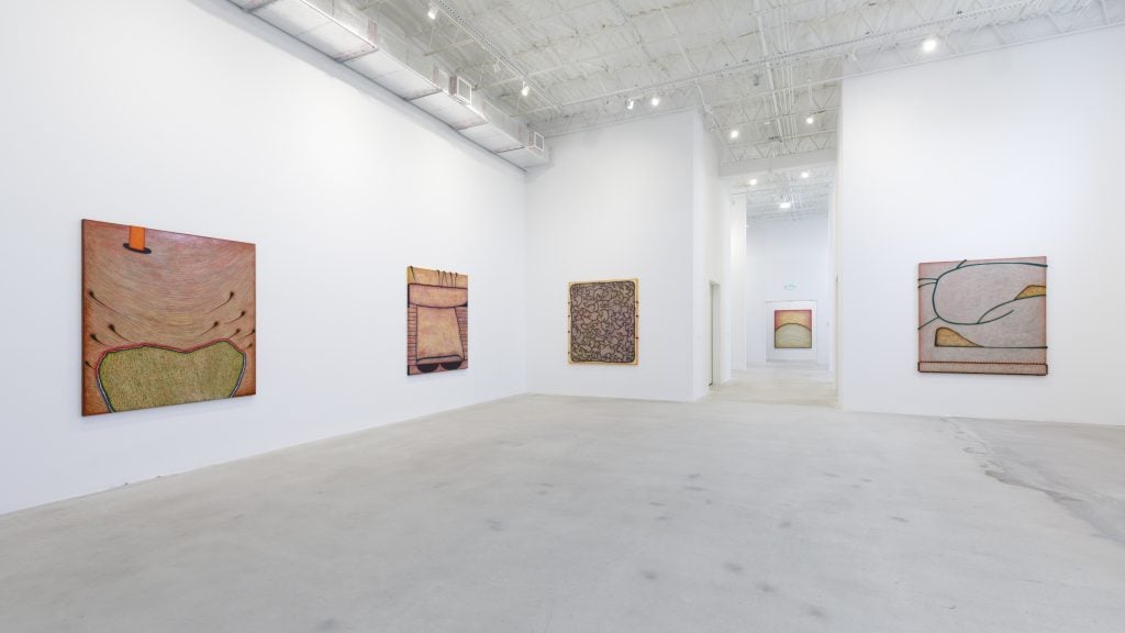 Installation view of a white space gallery space where four paintings by Gabriela Giroletti are installed, and a fifth can be seen down at the end of a hallway.