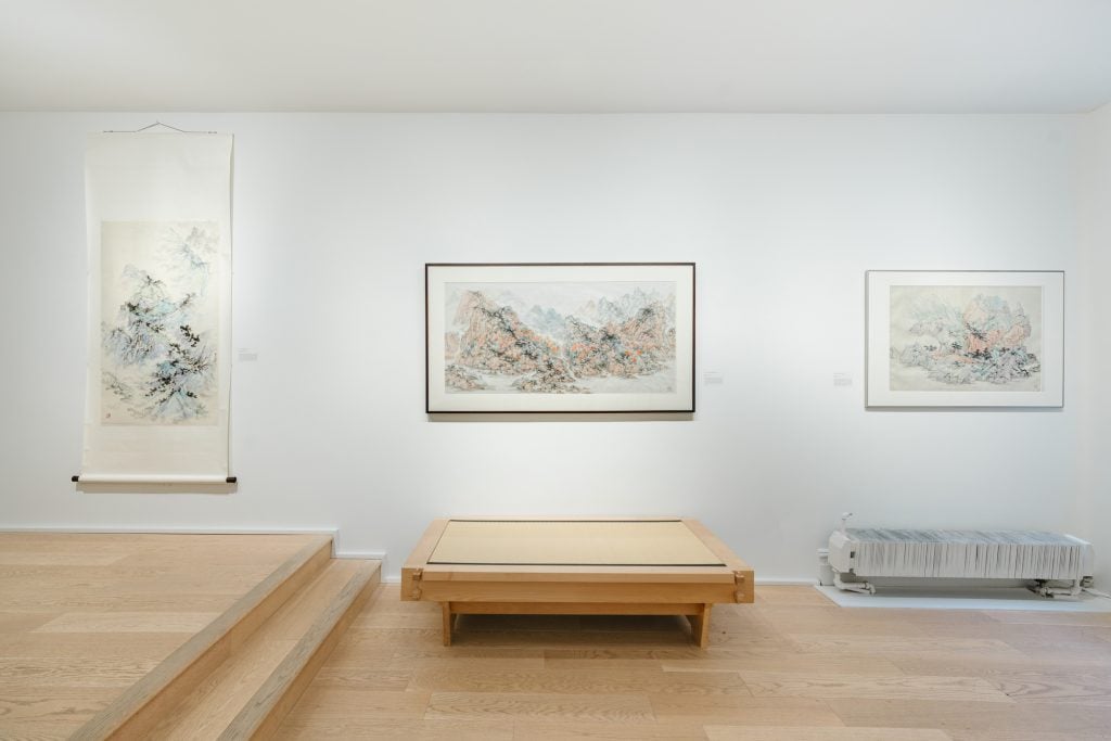 Installation view of contemporary Chinese painting at Fu Qiumeng Fine Art in New York.
