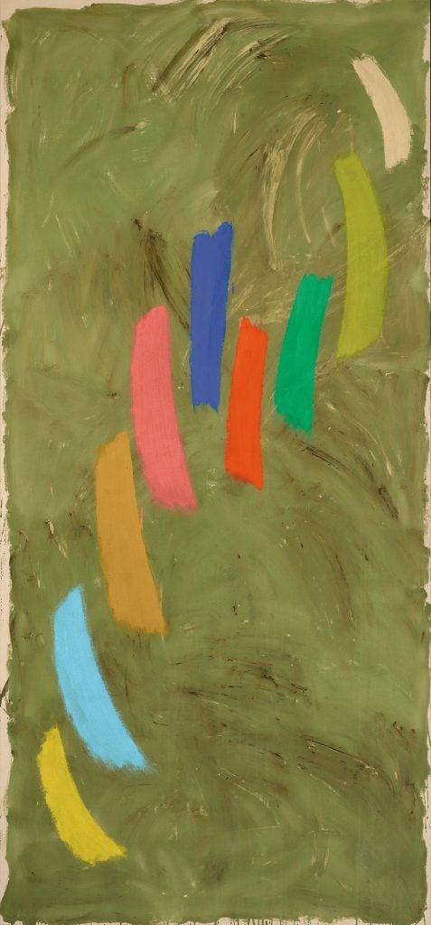 Featured in Cowley Abbott sale, an abstract long rectangular vertical painting primarily in pea green with swaths of beige, lighter green, blue, red, pink, and ochre.