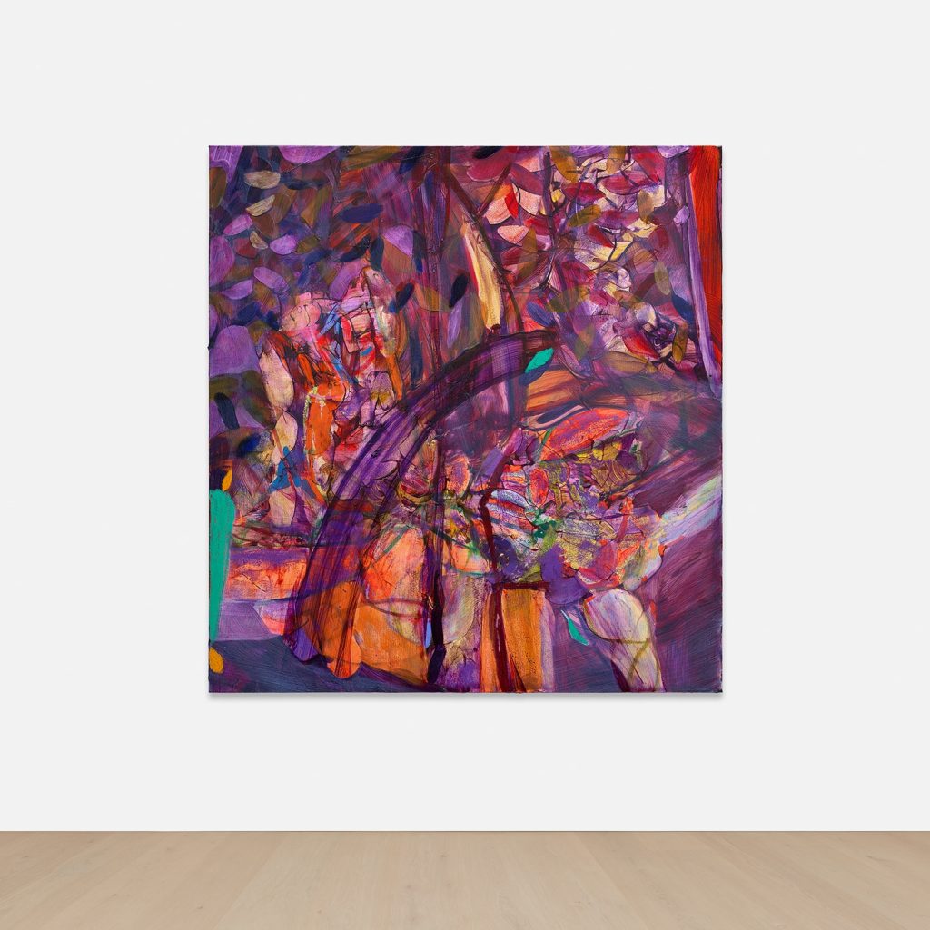 an abstract painting of pin, purple, red, and orange