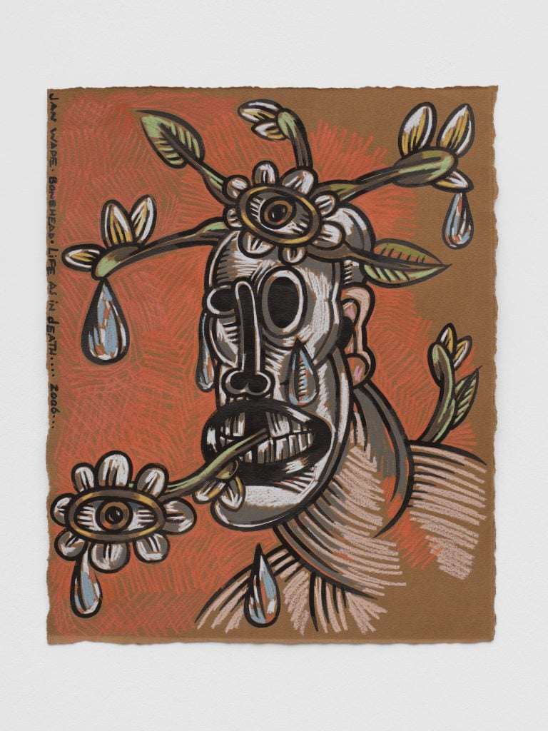A Jan Wade painting featuring a cartoon style headshot portrait of a skull with twigs emanating out of its head and mouth, the twig coming out of its mouth has a flower at the end with an eye in the middle shedding a tear.