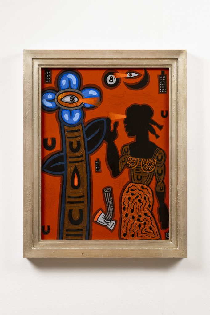 Jan Wade painting with a black woman silhouette wearing a dress against a bright orange sky next to a fantasy plant with a giant blue flower at top centered with an eye looking at the woman.