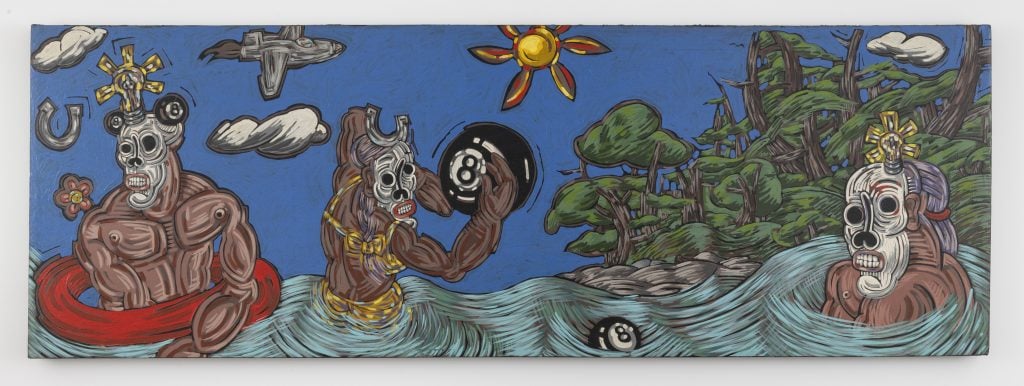 painting of 3 figures wirth skull heads in water with eight balls and sun