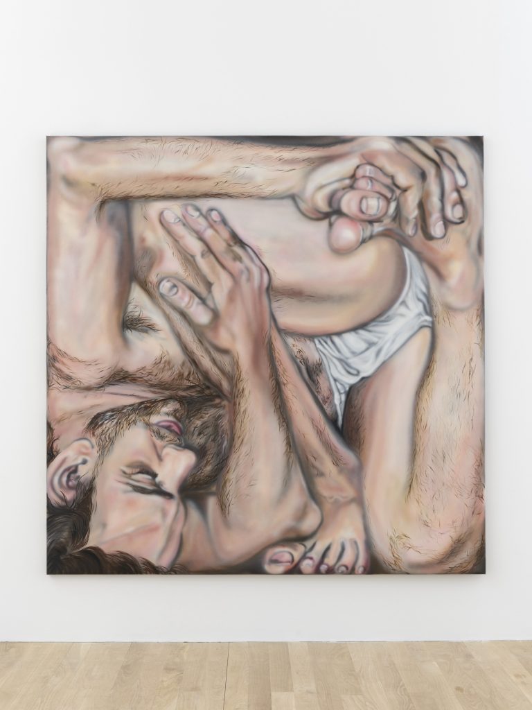 A painting of a person twisted and trapped in a small box