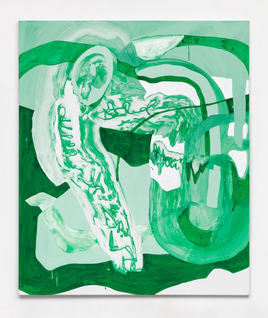 Abstract painting in green and white by Jana Schröder.