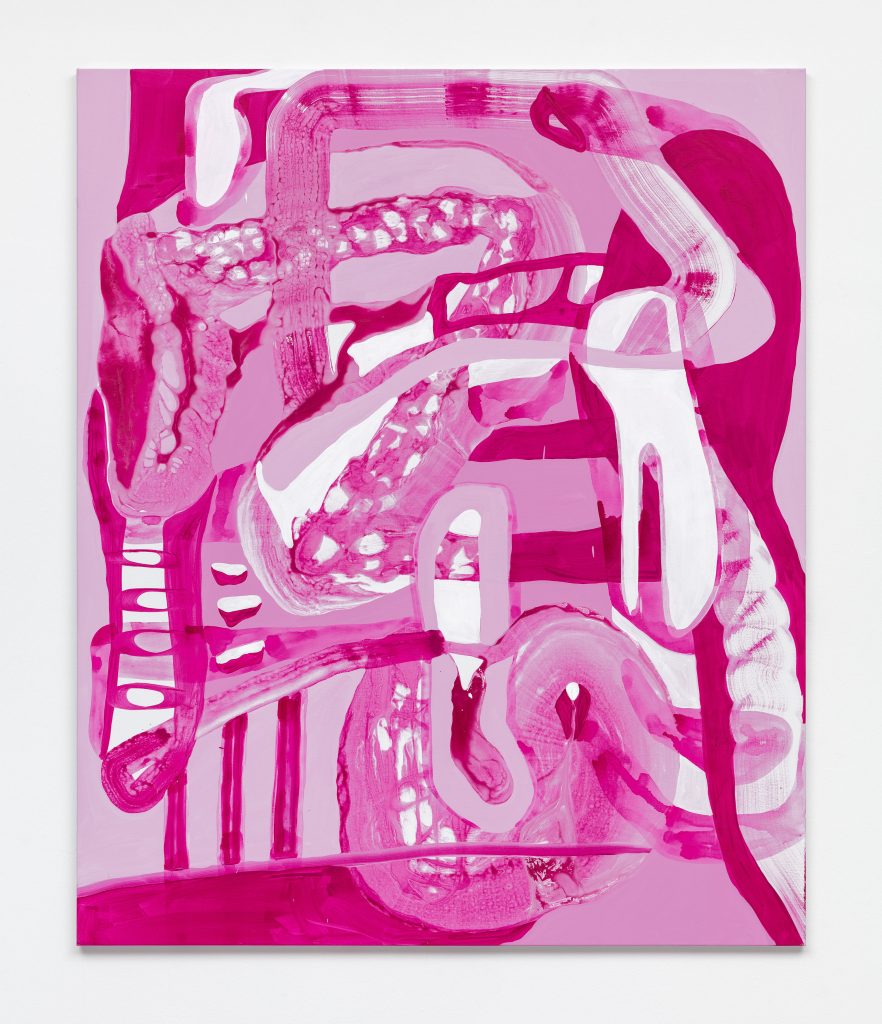 An abstract print in fuchsia and bright pink by Jana Schröder.