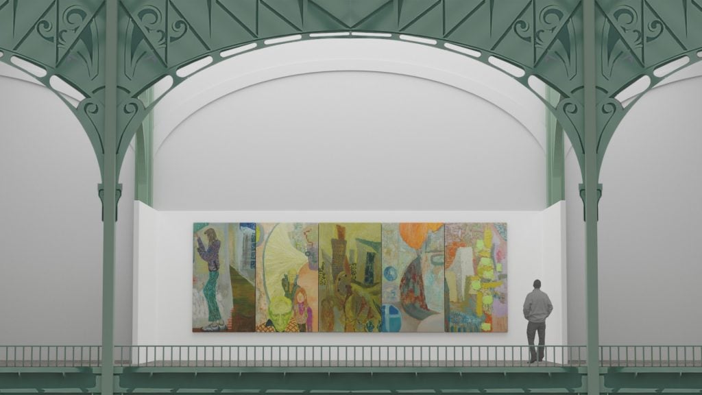 rendering of figurative paintings on a belle epoque balcony