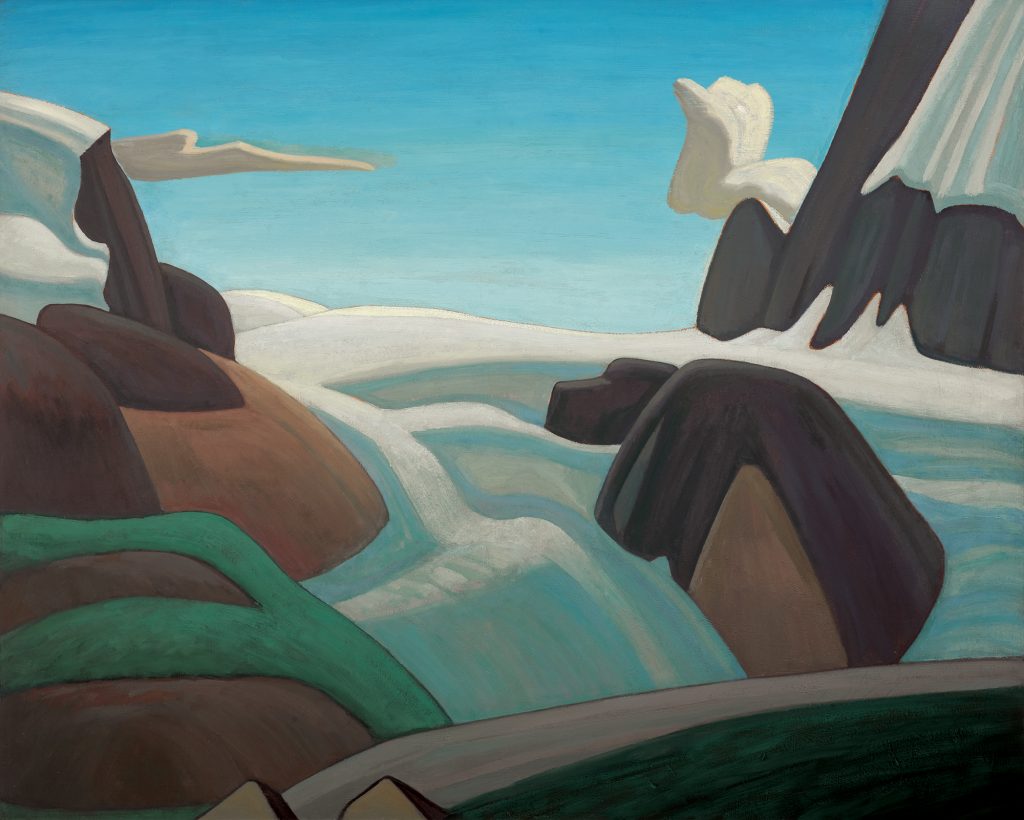 A landscape painting of a body of water tucked among snow covered crags against a blue sky, featured in the Cowley Abbott sale.