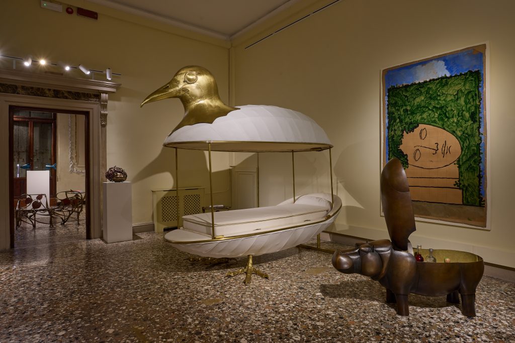 A series of sculptures and home decor by Les Lalanne set within a historic palazzo.