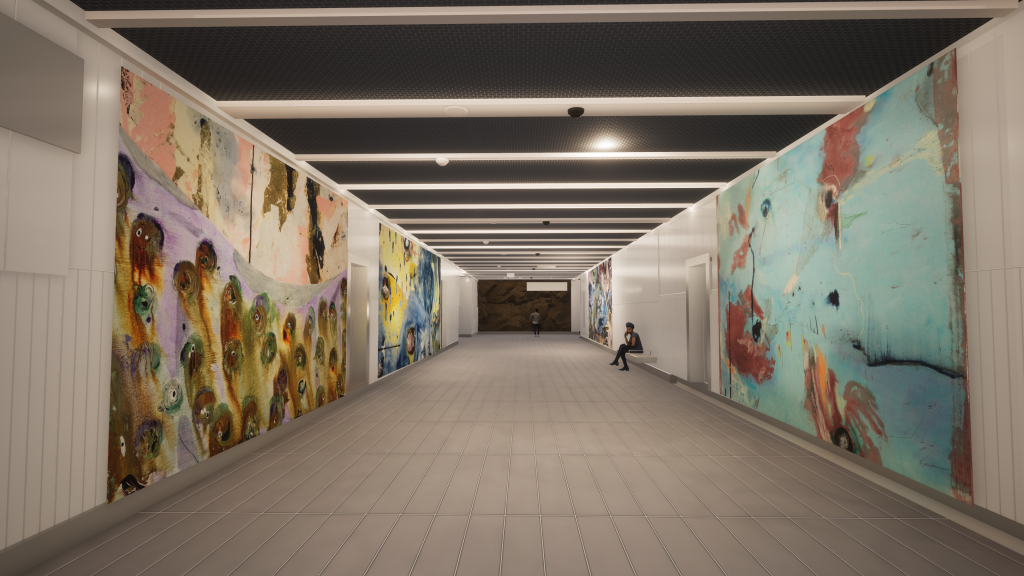 digital rendering of the Édouard-Montpetit station of the Réseau express métropolitain with artwork on the walls