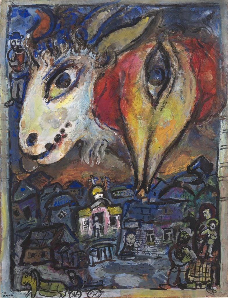 Marc Chagall painting showing the landscape of his hometown, with monumental rooster and goat head floating above the town and the orange glow of flames on the horizon.