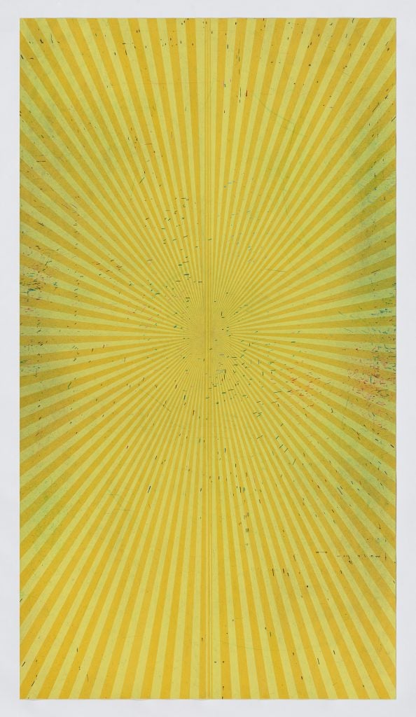 Abstract drawing that is a radial alternating between canary yellow and lemon yellow.