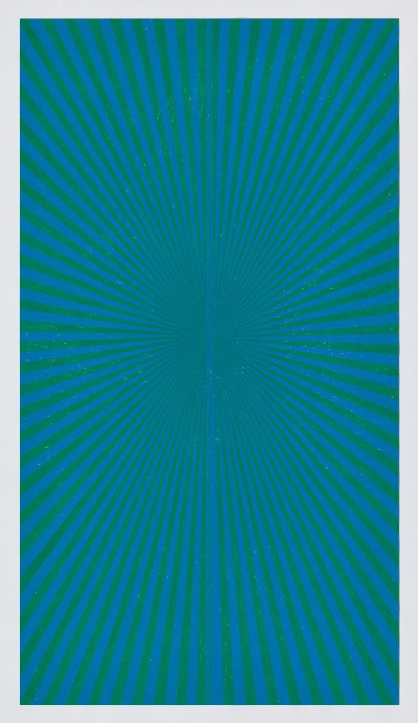 Abstract drawing by Mark Grotjahn that is a radial alternating between grass green and cerulean blue.