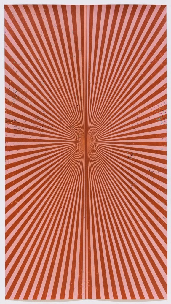 Abstract drawing by Mark Grotjahn that is a radial alternating between mineral orange and blush pink.