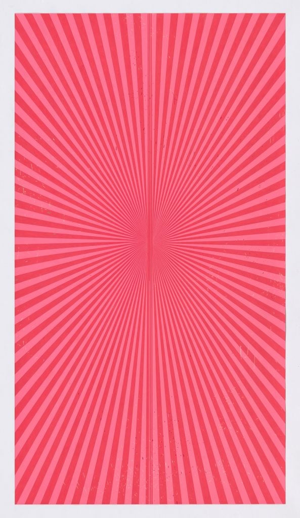 Abstract drawing by Mark Grotjahn that is a radial alternating between pink and carmine red.