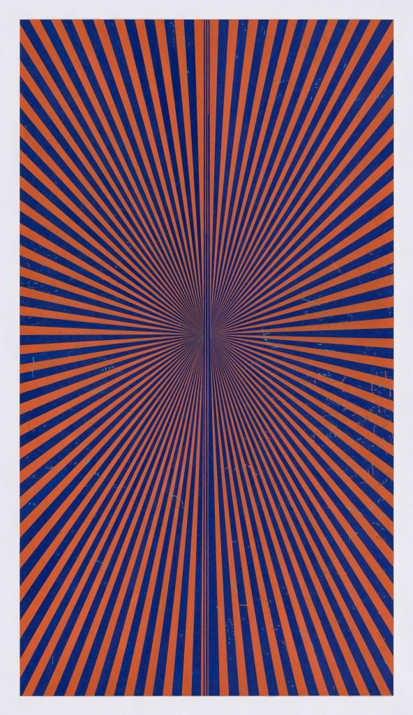 Abstract drawing that is a radial alternating between violet blue and cadmium orange hue.