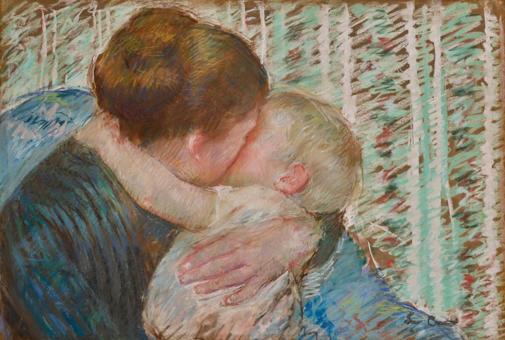 A pastel drawing of a woman hugging her toddler